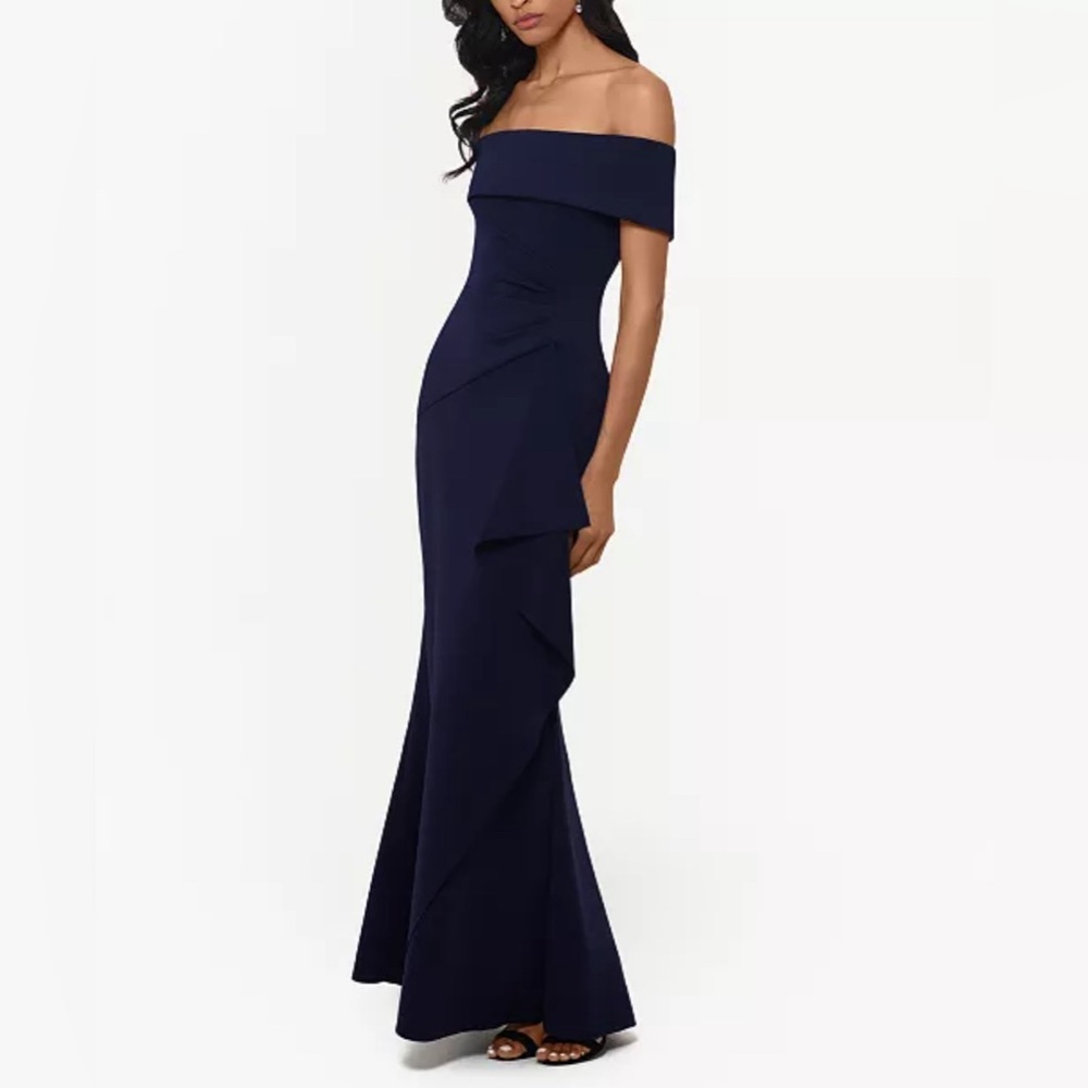 Xscape Ruffled Off the Shoulder Maxi Gown | Navy | Size 6P